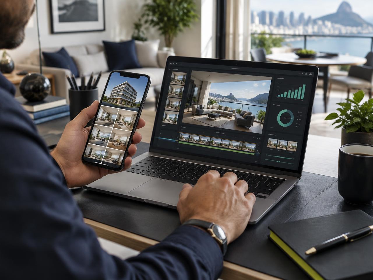 Criação de conteúdo imobiliário em celular e computador