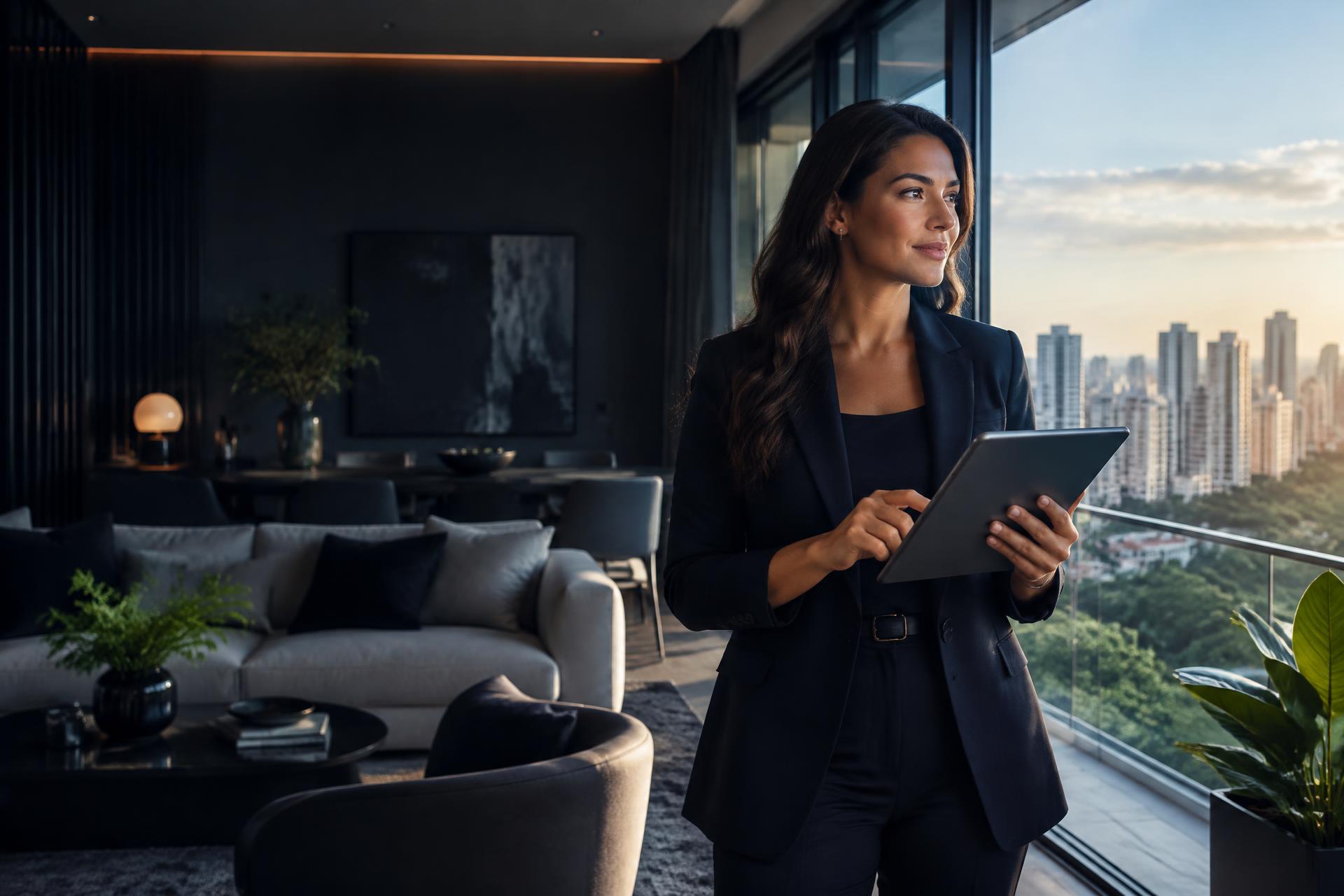 Corretora usando a tecnologia AlicIA em um imóvel contemporâneo